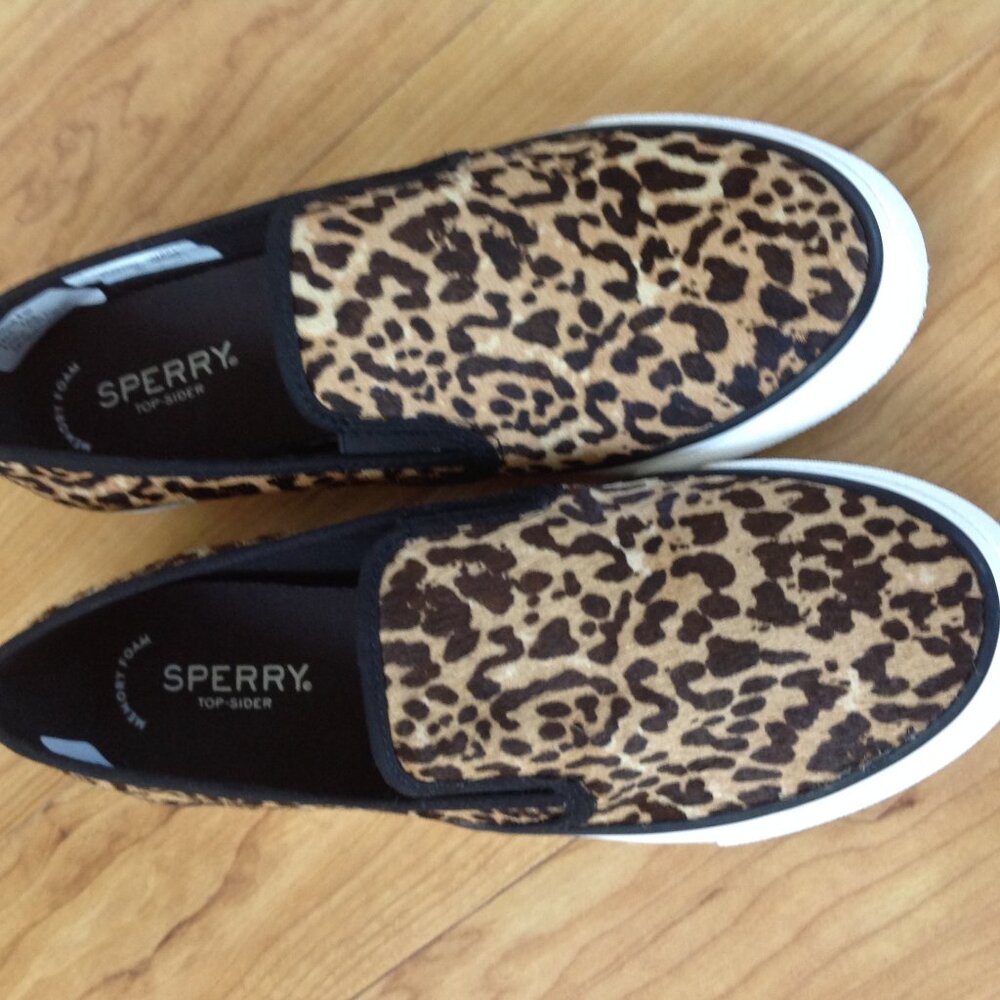 New Sperry Animal Print Calf Hair Slip on Sneakers Sz 7.5